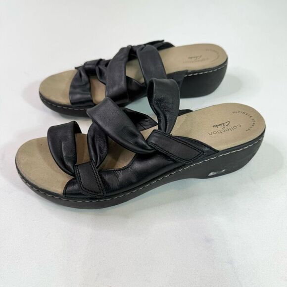 Clarks Collection Sandals Shoes Womens 8.5 Black Leather Slide Hook Loop Wedge - Picture 7 of 9